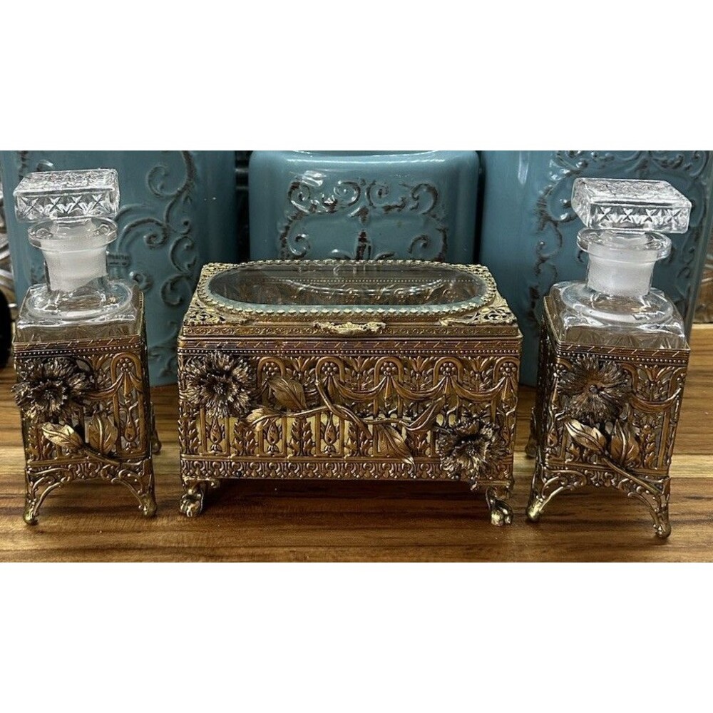 Vintage Gold Tone Ormolu Perfume Bottles & Jewelry Casket Set – Filigree - Picture 1 of 16